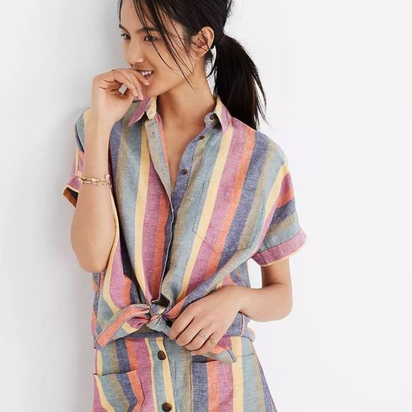 Madewell Tops - Madewell short sleeve the front button up shirt rainbow stripe small